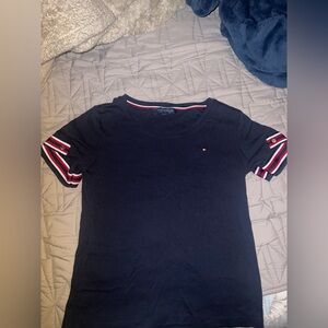 Tommy Hilfiger Navy Womens Shirt Sleeve Acents Straps Button Size M Lightly Used